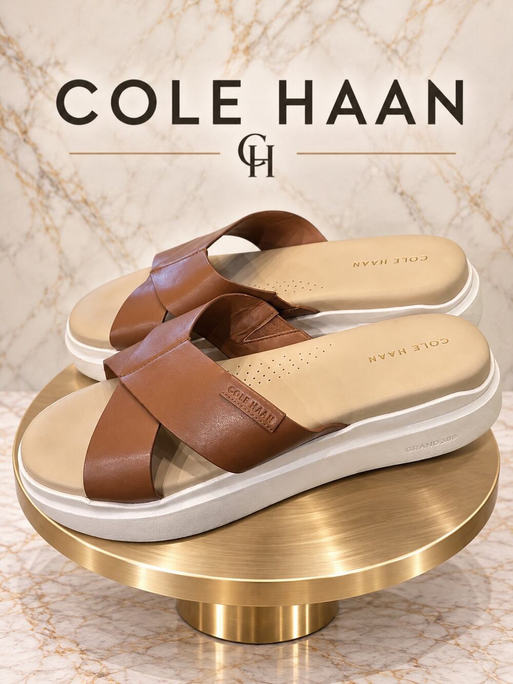 Cole Haan Grand 360 Brown Leather Cross Strap Platform Sandals Size 8B